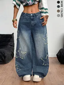 Women's All-Season Streetwear Casual Rapper Vintage Wash Distressed Y2k Athleisure Grunge Star Pattern Washed Baggy Jeans