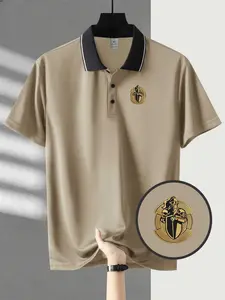 Men's Quick-Dry Polo Shirt, Knight Shield Print Collar T-Shirt, Breathable Mesh Fabric, Ideal for Golf, Tennis, Outdoor Work, Gym