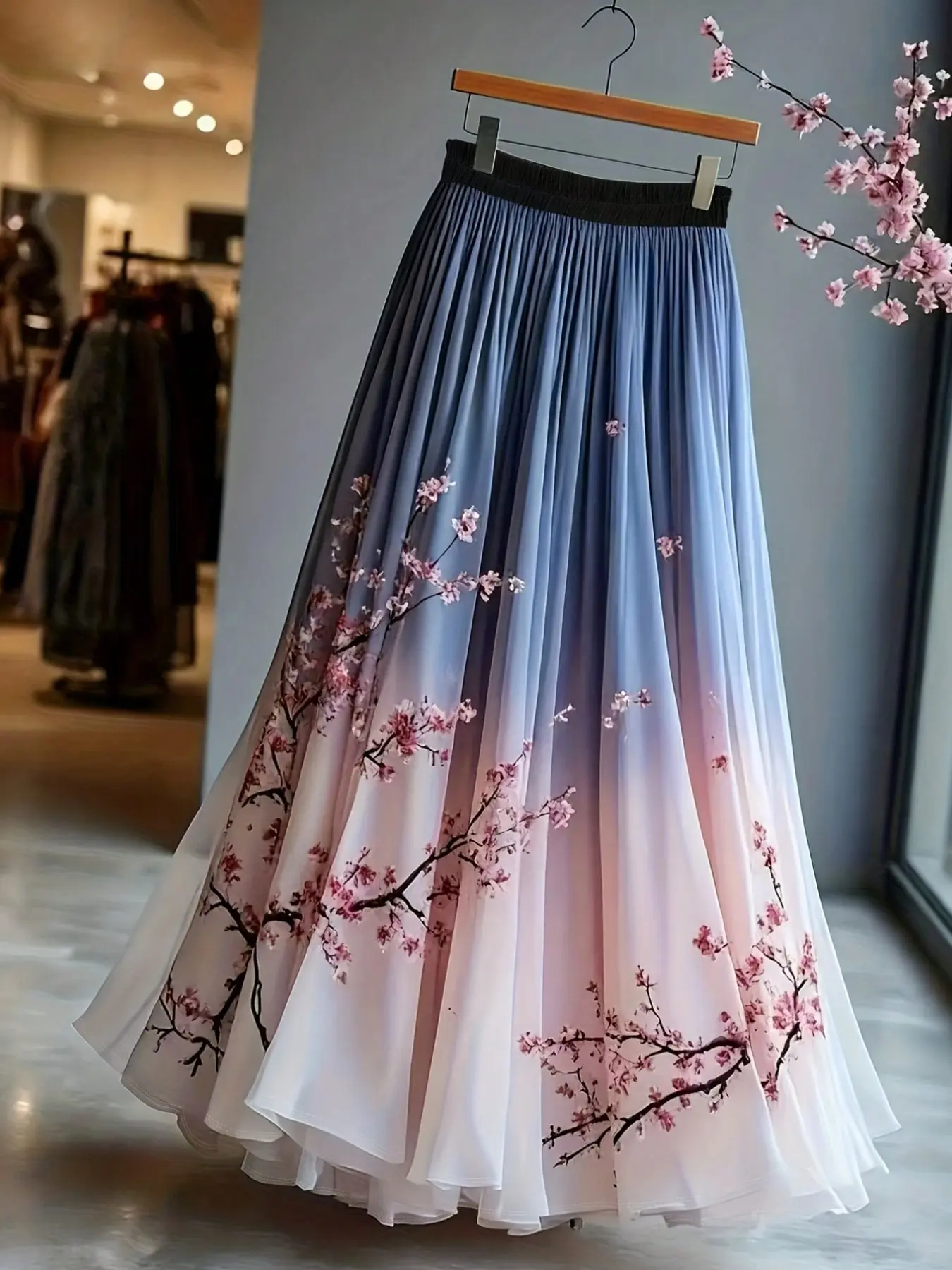 Trendy French Plant Floral Gradient Long Loose Dress with Tiered Net Skirt Bottoms – Chic Brunch Wear for Women, Summer Autumn Printed Fashion