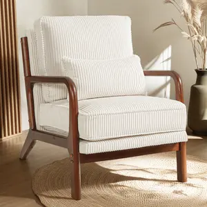 【Valentine Day Sale】FLEXISPOT AC1 Mid-Century Modern Accent Chairs, Corduroy Upholstered Armchairs with Wooden Frame, Thick Backrest & Lumbar Pillow, Comfortable Reading Chairs for Living Room, Bedroom, Balcony, Office