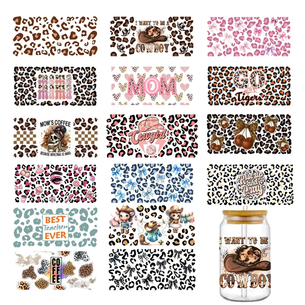 Mixed 16pcs Leopard Print UV DTF Cup Wraps Different Styles 16OZ Leopard Print Western Style, Creative DIY Gift for Teacher, Student, Office Worker, Leopard Print Enthusiast