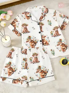 2-Piece Kids' Summer Pajama Set, Flame-Retardant Short Sleeve Shirt & Shorts, Cute Cartoon Print, Unisex, All Seasons, Party Wear