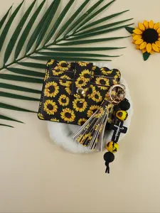 Sunflower Keychain Bracelet, Background Flower Design, Vintage Filter Cross Pendant, Floral Pattern Keychain, Perfect Gift for Friends & Holidays, Handmade Keychain