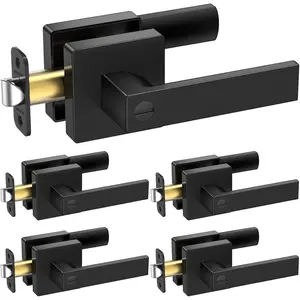 5PK Matte Black Interior Door Handles, Reversible Square Door Levers Knob for Hallway, Bedroom, Bathroom, Privacy Door Handles with Lock