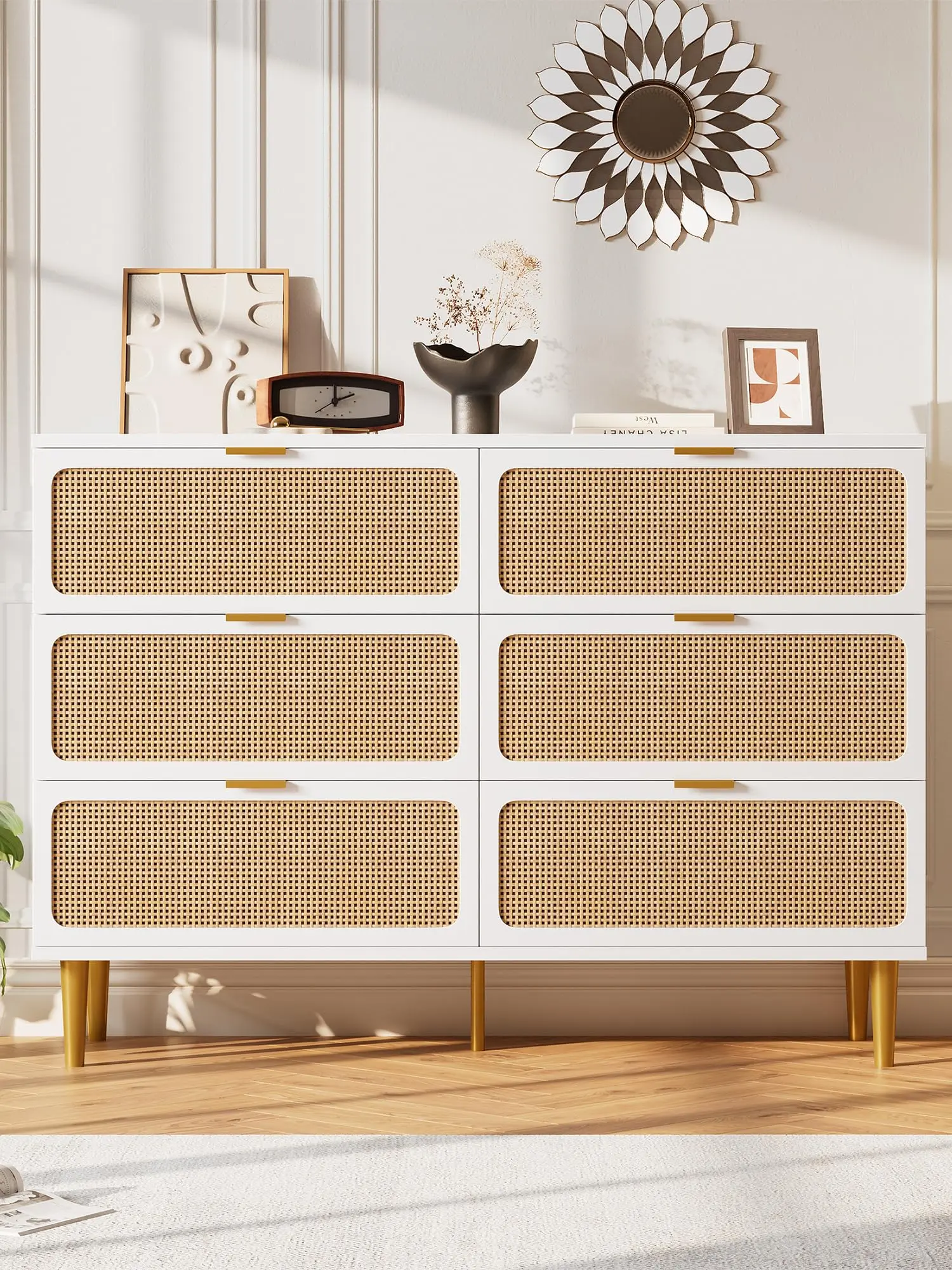 GARVEE Rattan 6 Drawer Dresser for Bedroom with Deep Drawers, Large Double Dresser for Closet, Wide Top, Horizontal Wooden Dresser for Living Room, Hallway, Kids Room in White