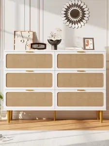 GARVEE Rattan 6 Drawer Dresser for Bedroom with Deep Drawers, Large Double Dresser for Closet, Wide Top, Horizontal Wooden Dresser for Living Room, Hallway, Kids Room in White