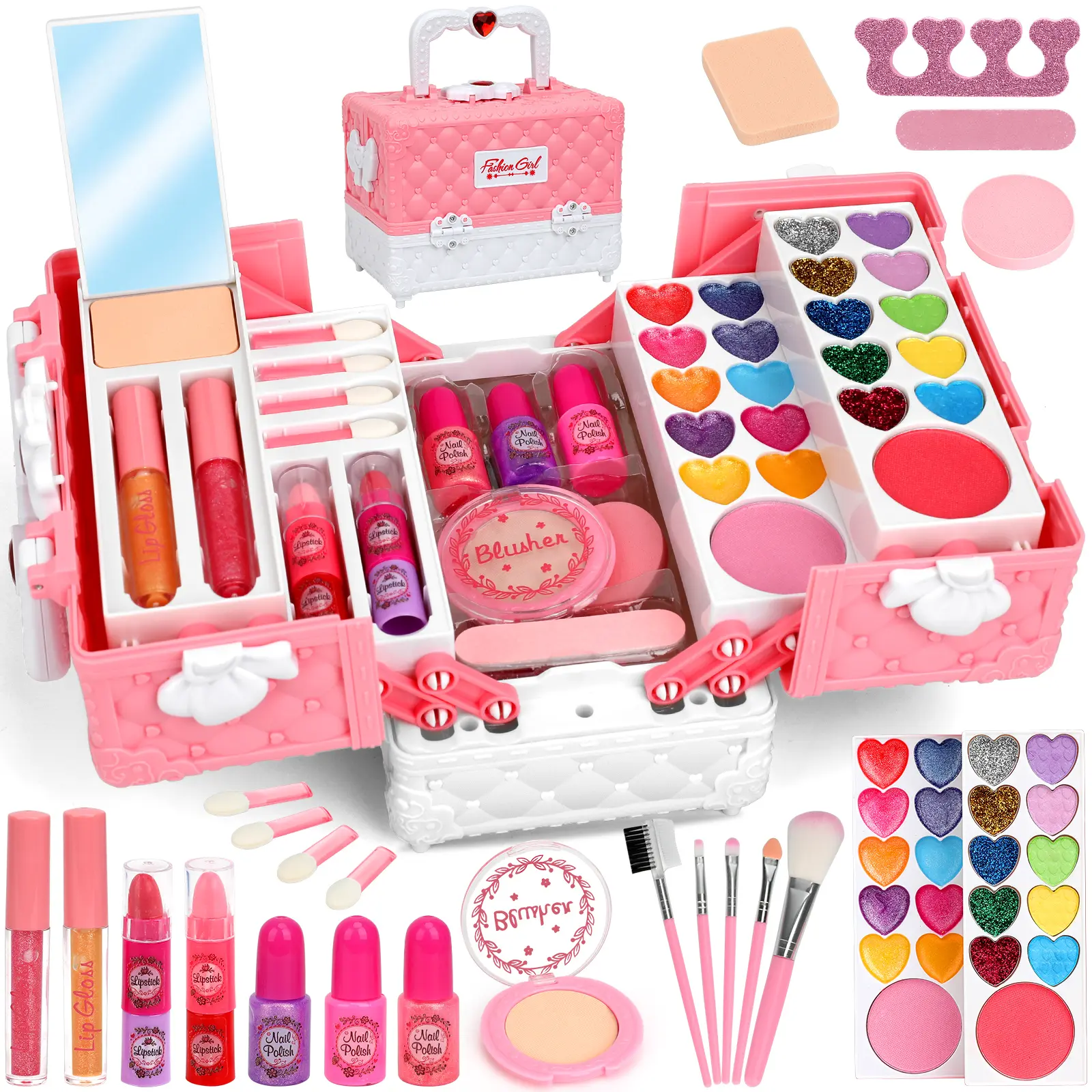 Washable Kids Makeup Kit for Girls, Pretend Play Makeup Set with Lipstick, Eyeshadow, Nail Polish & Accessories, Safe & Adorable Beauty Set Birthday Christmas Gift for Toddlers Girls Age 3+