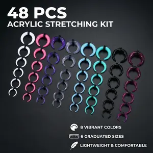 48Pcs Acrylic Septum Stretching Kit, 14G-4G, C Shape Buffalo Pincher, Black O-Rings, Nose/Ear Piercing Jewelry