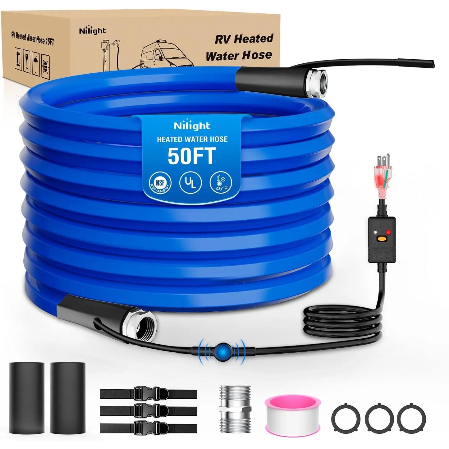 Nilight Heated Water Hose, 50FT Plug-In 5/8in ID -45°F Freeze Protection for Camping, Gardening, Winter Camper Supplies, BPA-Free, Phthalate-Free, Gaskets, Aluminum Fittings, Thermostatic, GFCI, NSF61 Certified