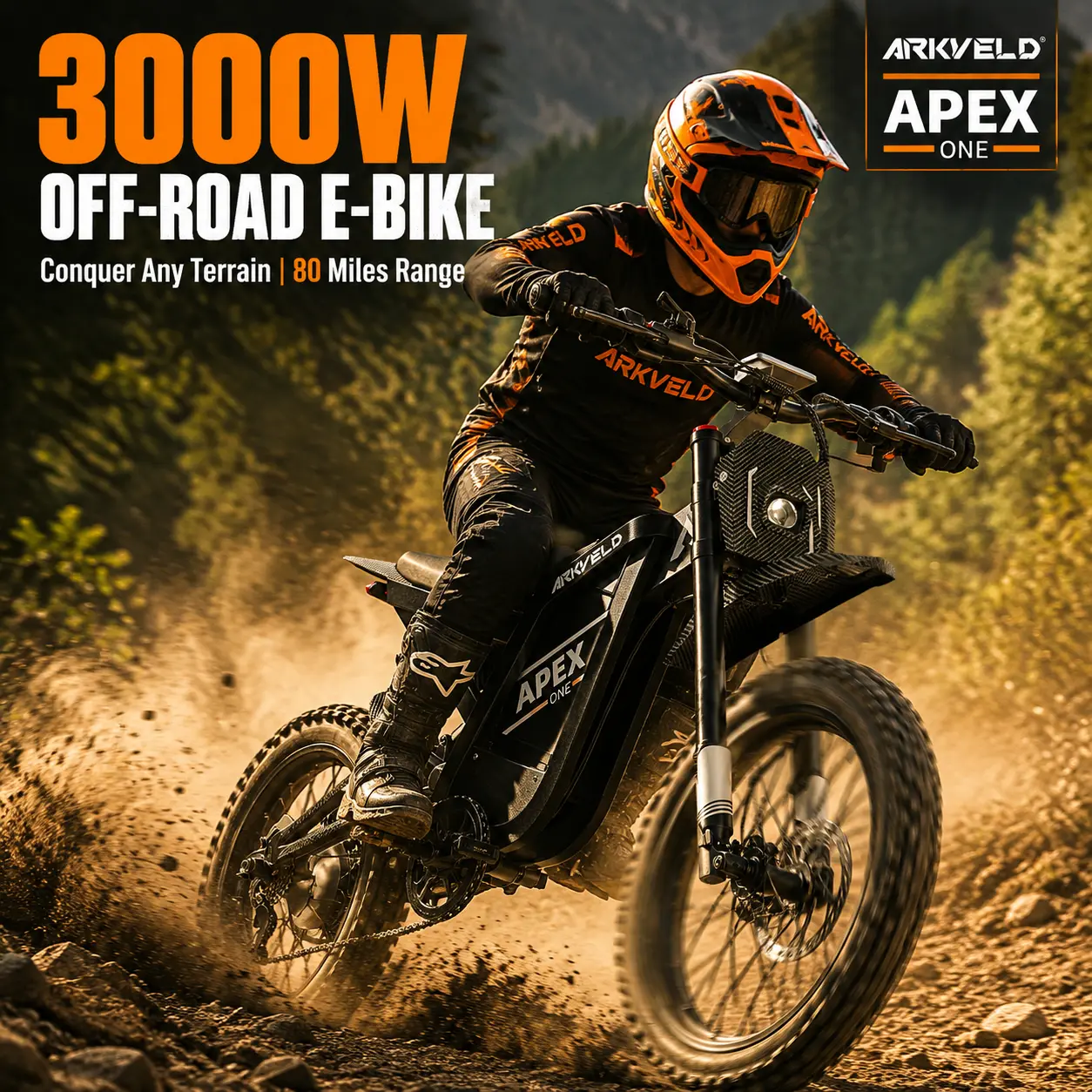 ARKVELD APEX 1 Adult Electric Dirt Bike - 3000W Peak, 40MPH, 80-Mi 32Ah Battery, Dual Hydraulic Suspension, Disc Brakes, All-Terrain Off-Road E-Motorcycle, 330lbs Max Load, for Mountain, Outdoor Use, Chrome Finish clipless pedals dirt bikes bikes