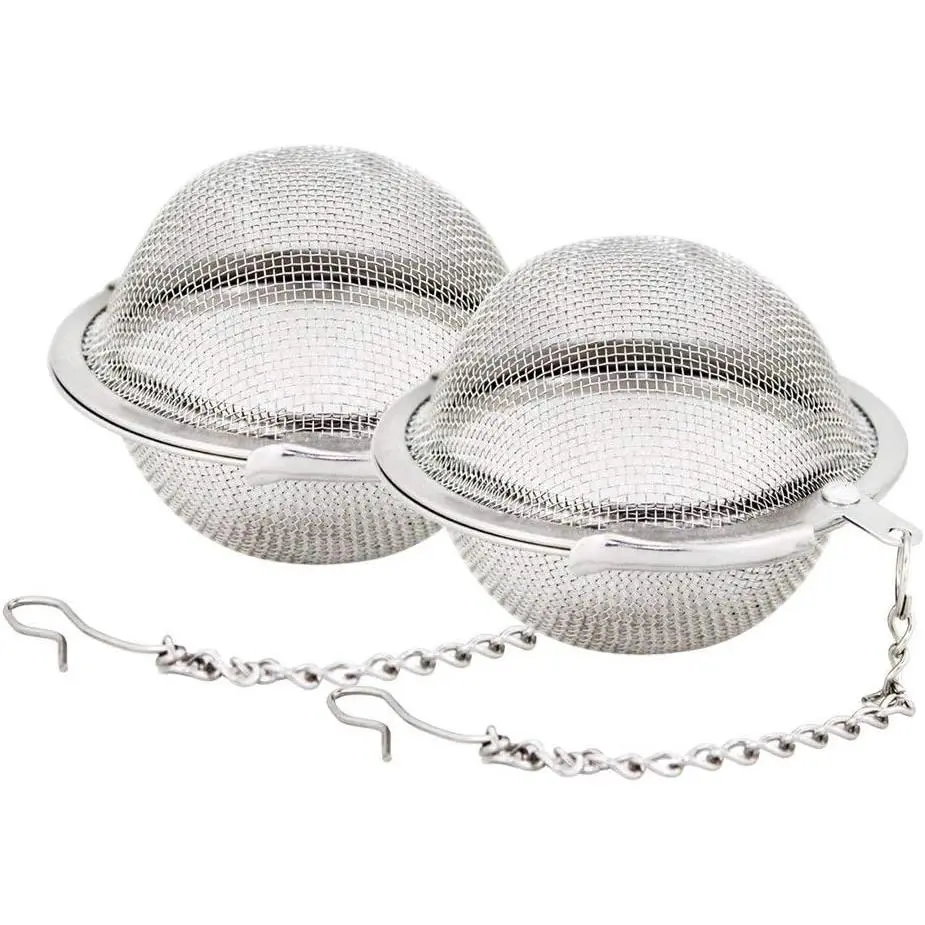 2-Piece Set 2.1 Inch 304 Grade Stainless Steel Ball Shape Mesh Texture Tea Infuser with Hang-and-Steep Chain, Durable Heatproof Loose Leaf Strainer, Kitchen Tea-Making Tool