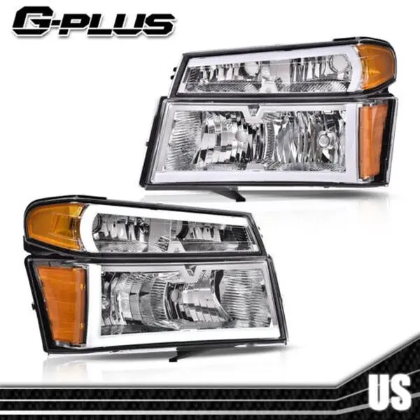 G-PLUS Chrome LED DRL Headlight Assembly with Bumper Lamps, Car Exterior Upgrade Daytime Running Light Headlight Assemblies for 2004-2012 Chevy Colorado & GMC Canyon