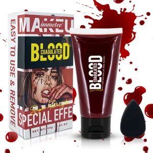 Halloween Fake Blood Gel, Sfx Blood Gel with Stipple Sponge, Realistic Sfx Fake Blood Makeup Kit, Halloween and Spooky Coagulated Stage Blood Specail Effects Makeup Face Body Wound Paint. Bleeding 55g