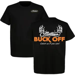 Mathews Buck Off Hunting TShirt, Retro Deer Antler Tee For Bowhunters, “Catch Us If You Can” Graphic, Perfect for Archery Fans & Mathews Gear Lovers