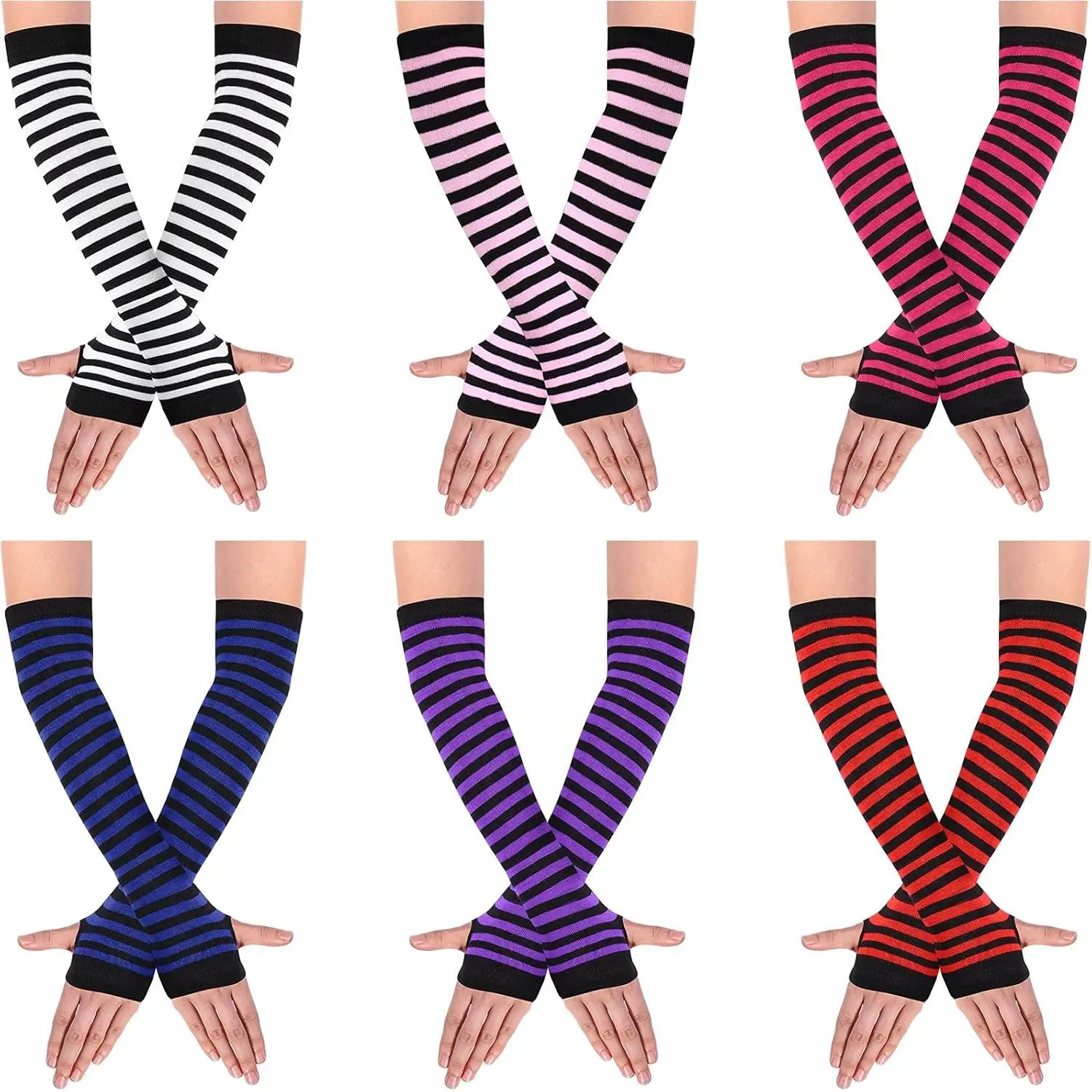 A Set of 6/4 Pairs Long Fingerless Gloves for Women,Ladies,Girls,Knit Thigh High Striped Arm Warmer Thumb Hole Stretchy Gloves,Halloween Christmas Party Gifts,Hand Tools Kits
