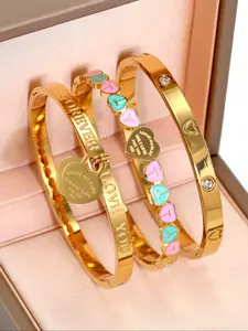 3pcs Stainless Steel Cuff Romantic Heart Shaped Bracelet Set, Heart Design 18K Gold Plated Luxury Casual Jewelry, Valentine Gift for Women Daily Wear