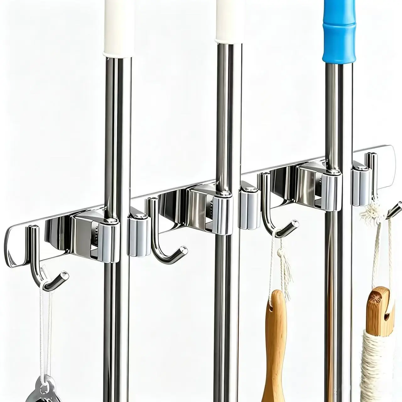 Wall-mounted broom and mop rack, upgraded broom organizer wall rack, stainless steel broom holder, suitable for home kitchen, garden, laundry room, garage (3-tier rack with 4 hooks, 4-tier rack with 5 hooks).
