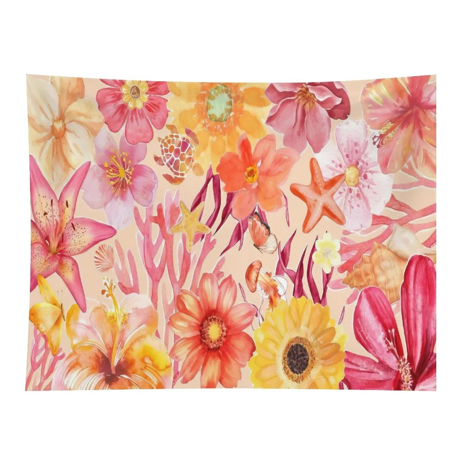 Tropical Watercolor Floral Sea Element Tapestry Summer Flower Starfish Coral Conch Butterfly Seamless Pattern Wall Decor