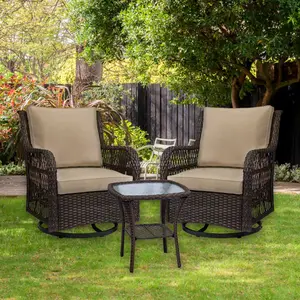 Fathersdaygift Summervibes Flash sale home items 3 Piece Outdoor Wicker Bistro Set, All-weather Swivel Rocker Chairs with Cushions & Tempered Glass Side Table, Patio Furniture for Garden, Porch, Deck & Backyard