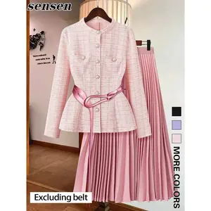 Women's Solid Color Blazer & A-line Skirt Two-piece Set, Elegant Fashion Casual Fabric Outfit for Daily Outdoor Wear, Women Clothing for Spring Fall