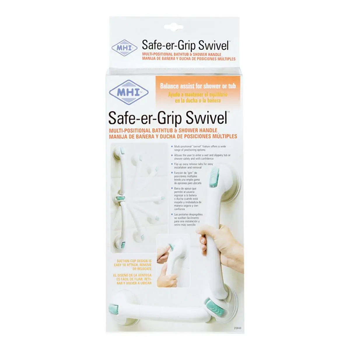 MHI 12 in Multi-Positional Tub and Shower Handle, Modern White Plastic Support Bar with Rotatable Grip Heads for Bathroom Safety & Toddlers, Press Tab Levers to Securely Attach, 1.6 lbs, Swivel, Shower Wall