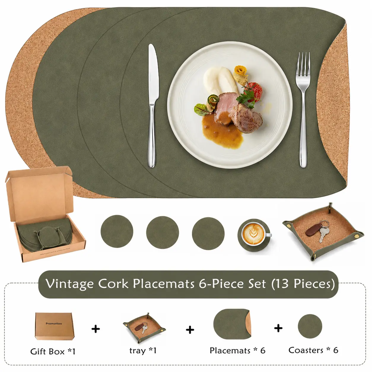 PROMATTOO Luxury Leather Oval Placemats Set (4/6/8) with Coasters & Tray, Mess-Free Non-Skid Waterproof Wipe-Clean Heat-Resistant Dining Table Mats, Quiet Luxury Home Decor, Housewarming Gift Box, Mess-Free Placemats & Coasters, Non-Skid Placemats & Coast