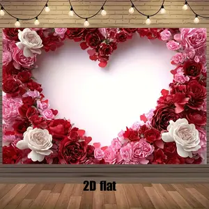1PC Polyester Reusable 2D Flat Valentine's Day Heart-Shaped Rose Backdrop Banner, Romantic Curtain for Wedding & Birthday Party Home Supplies