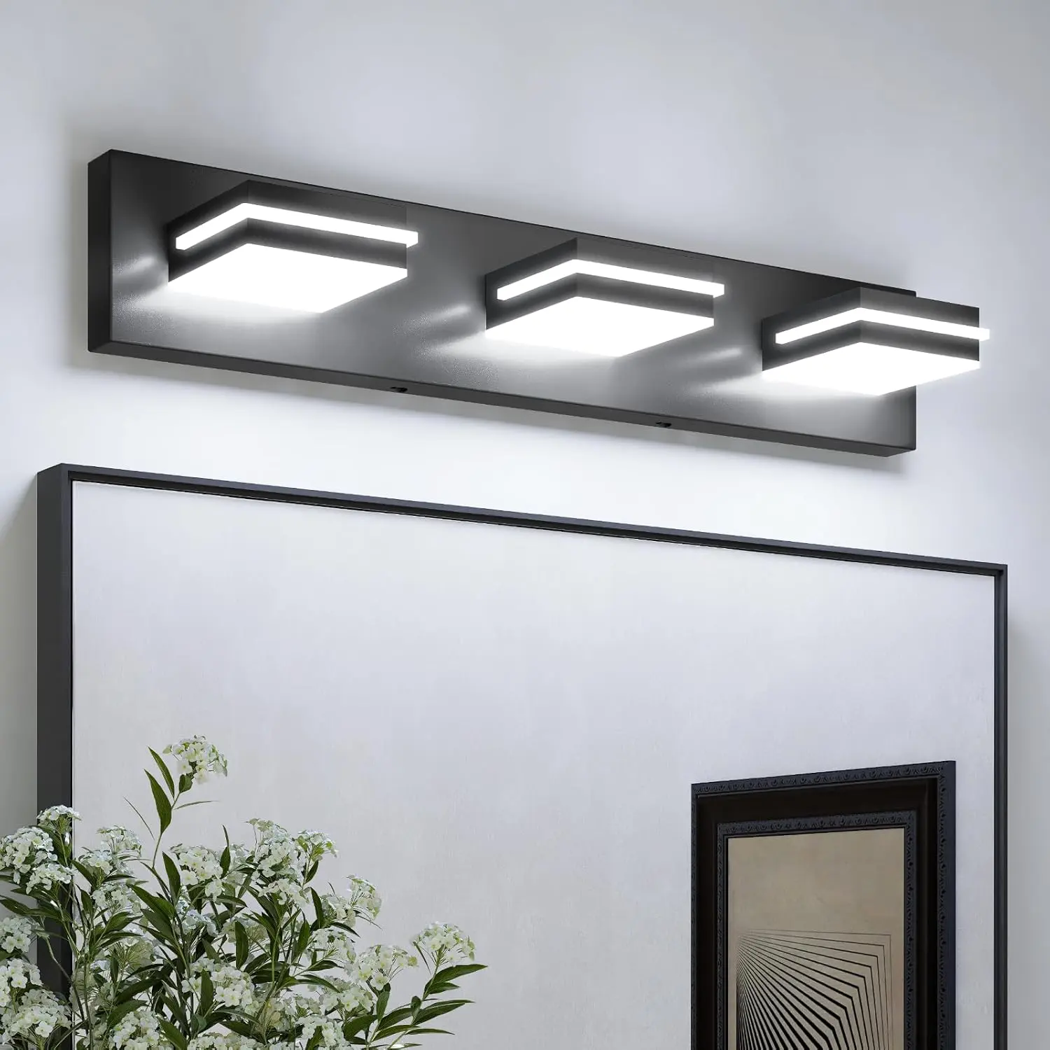 LED Vanity Lights for Bathrooms, 3-Light Indoor Lighting Fixtures, 6000K Cool White, 24W Energy Saving, 360° Rotable Head, Matte Black Modern, IP44 Waterproof, Easy to Install