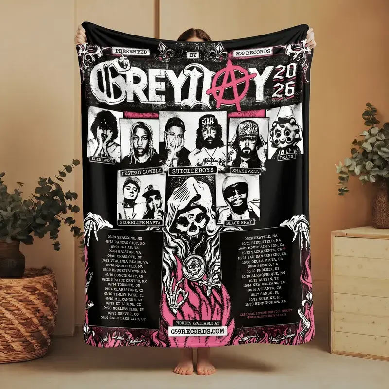 Grey Day 2026 North American Tour Blanket, G59 Records Throw Blanket, Suicideboy Bones Pouya Xavier Wulf Shakewell Denzel Curry Rap Hip Hop Fan Gift, Gothic Music Tour Fleece Blanket, Soft Cozy Bed Couch Decor, All Season Home Blanket