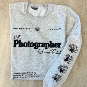 'Photographer Social Club' Crewneck Sweatshirt, Cute Camera Sleeve Print