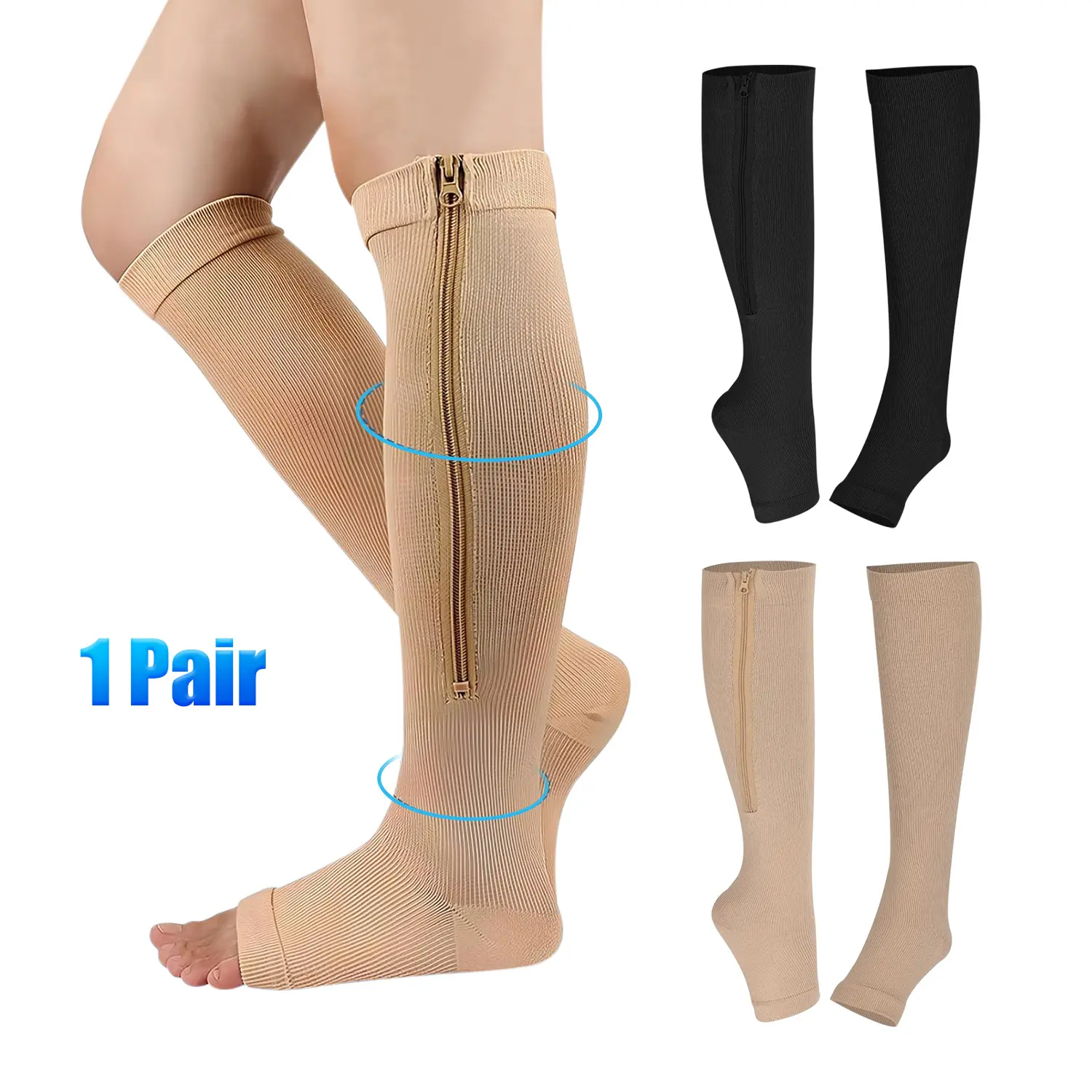 Zippered Compression Socks for Women & Men, 15-20mmHg Knee High Open Toe Nylon Stockings for Wide Calf Support, Swelling, and Varicose Veins, Compression Stockings, Athletic Socks Ankle, Ankle Knee Support Sports Socks backtoschool
