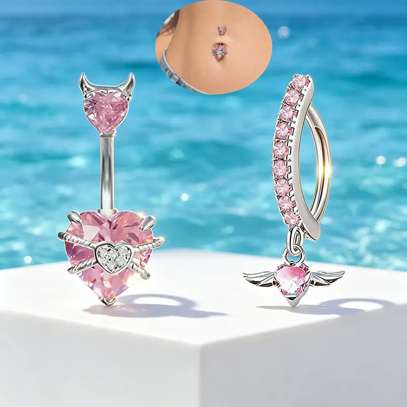 Belly Button Rings with Pink Crystal Devil Heart Angel Wing Design,14G Floating Navel Belly Piercing Kit Belly Piercing Jewelry Perfect Gifts or Women