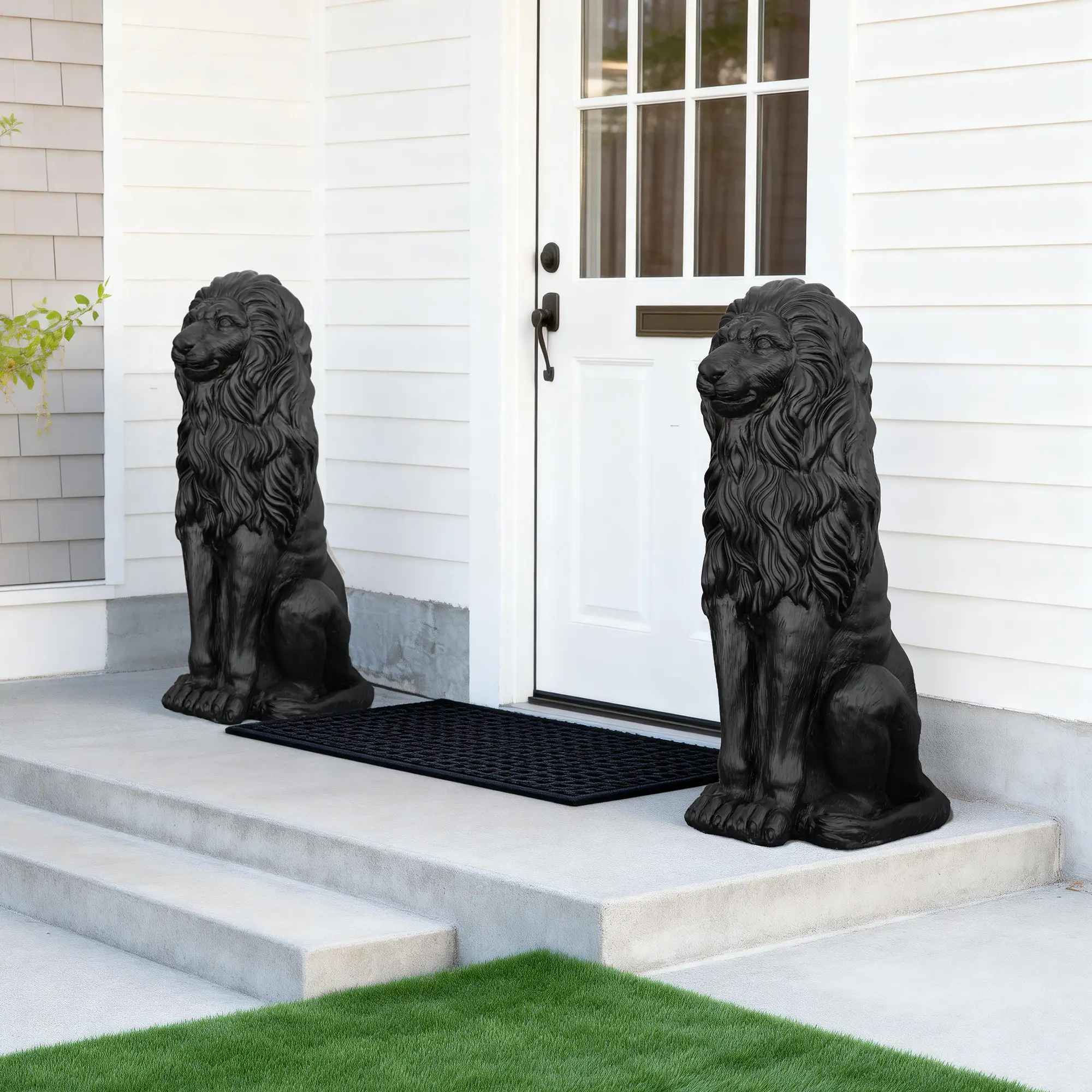 Glitzhome Set of 2 Outdoor Vintage Fiberglass & MGO Black Guardian Sitting Lion Garden Statues, 36.25"H Interesting Vivid Garden Decor for Home Improvement, Oversized