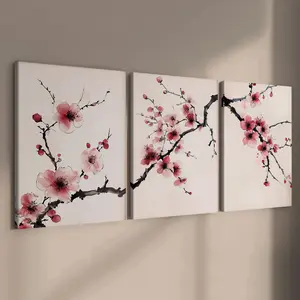 3 count wooden frame canvas, ink plum branch elegant triple poster, vintage flower decoration, exquisite Artistic Floral mural, stylish bedroom decoration, modern home decoration, living room and corridor wall decoration, HD, waterproof, art