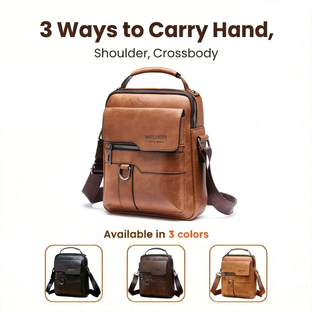 WEIXIER Men's PU leather crossbody bag, women's shoulder bag, classic retro street style, large capacity, multiple compartments, everyday commuting bag, adjustable shoulder strap, business travel tote bag, perfect for daily use and a holiday gift.