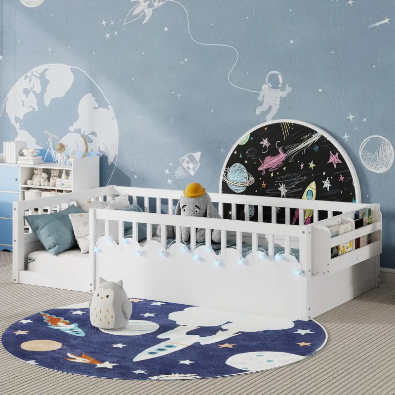Twin Floor Bed Frame with High Rails, Wood Montessori Floor Beds with Light and Storage Bookshelf
