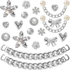 20 Pcs Bling Shoe Charms for Women, Plastic Rhinestone Flower Pearl Gems Shoe Charms, Sparkling Silver Shoe Chains, DIY Sandals Clog Shoe Decoration Charms for Party Favors Birthday Party Accessories Footwear Bedroom