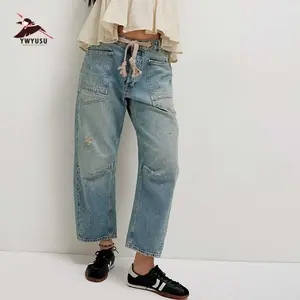 Women’s drawstring jeans, mid-low rise, boyfriend drawstring, ankle-length loose fit, elastic waistband, stretch denim GARMENTARY