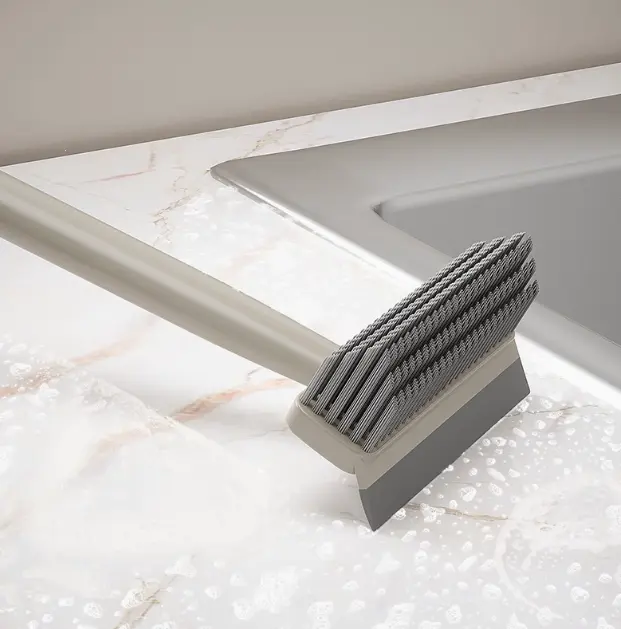 Multi Functional Two Side Floor Cleaning Brush Hard Stiff Deep Clean Bristles Built In Water Wiper Squeegee Lightweight Plastic Handle For Kitchen Bathroom Balcony Tile Surfaces