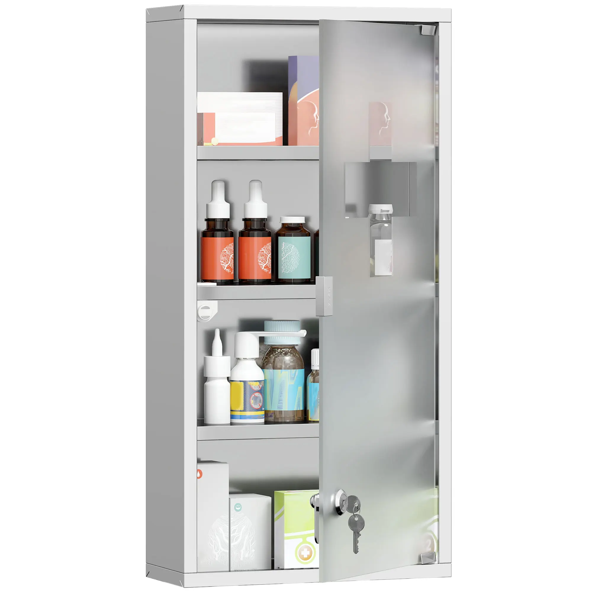Lockable Medicine Cabinet with 2 Keys – 4-Tier Stainless Steel Storage. Keeps Medications Safe from Children & Pets. Water-Resistant, Easy to Sanitize. First Aid Cross for Emergencies. Holds 11 lbs