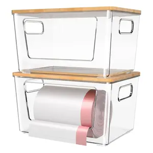 BATOTO 2 Pack Trash Bag Holder with Bamboo Lid, Stackable Trashbag Dispenser, Extra Large Garbage Bag Holder for Kitchen Laundry Room Under Sink Organization and Storage