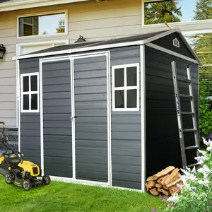 8x6 ft Resin Outdoor Storage Shed, Waterproof Garden Shed with Floor and Two Windows, Heavy Duty Plastic Tool Shed with Lockable Door for Backyard, Patio, Lawn, Durable Weatherproof Storage Cabinet