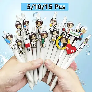 15/10/5pcs Fun Medical Retractable Convenient to Carry Ballpoint Pens - Nurse-Themed White PVC Gel Pens with Black Ink, Stethoscope, Heart, Nurse Hat, Nurse Caps Designs - Ideal Gift for Nurses & Medical Students, Nurse Accessories for Work
