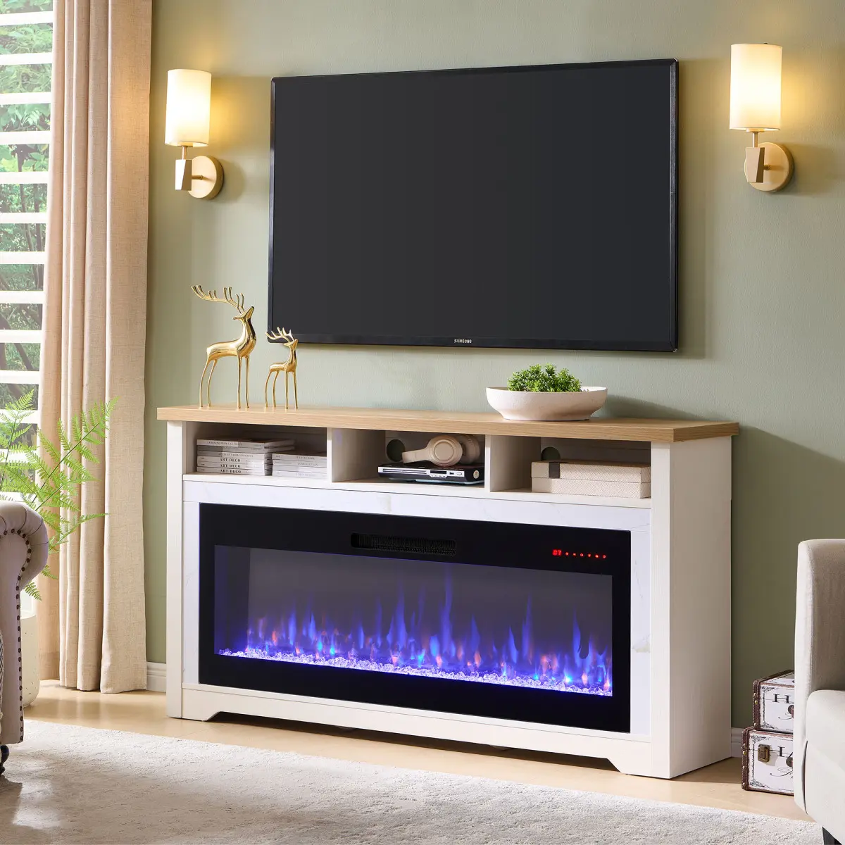 70-Inch Sturdy White Fireplace TV Stand with Metal Frame, 60-Inch Smart Electric Fireplace, Anti-Scald Tempered Glass, Voice Control, Energy Efficiency, Easy Setup, 158.95 lbs, 70x13.75x32", Fits TVs Up to 70in, Ideal for Apartments, 70.00 X 13.75 X 32.00