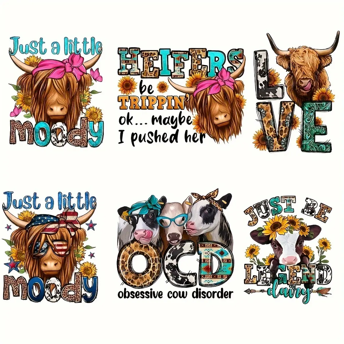 6-Piece Large Cow Pattern Heat Transfer Stickers, Vibrant DIY Handcraft Appliques, DIY Products, Craft Supplies for T-Shirts, Masks, Jeans & Backpacks, Durable & Easy Application
