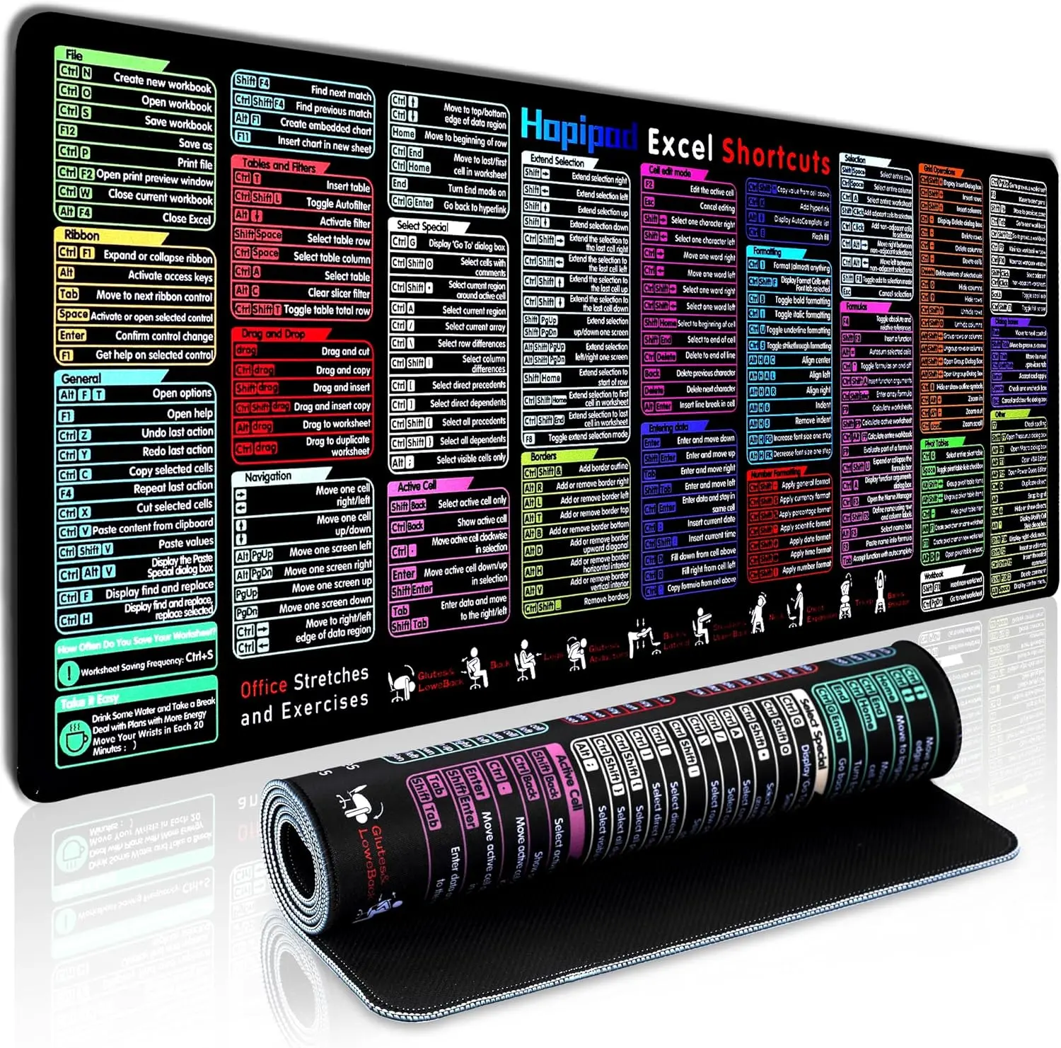 Excel Cheat Sheet Desk Pad with 231 Shortcuts & Formulas | 2025 Edition | Extra-Large 31.5"x11.8"  Mousepad | Stain-Resistant | Anti-Fray Stitched Edges | Non-Slip Office & Gaming Desk Mat