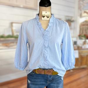 SageVell 100% Cotton Ruffled V-Neck Shirt Half Puff Sleeves Light Blue Button Down Casual Office Top Buttoned Collared V-Neck Womenswear Basic Cute Office Outfits Women
