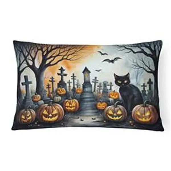 16x12 in. Unisex Polyester Black Cat Spooky Halloween Decorative Pillow - Handmade Craft, Fade Resistant, Water Resistant, Ideal for Patios/Porches