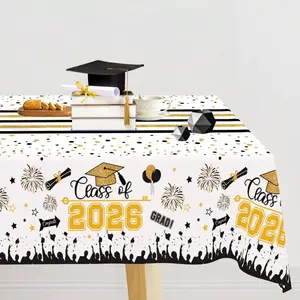 1Pc White Golden Class of 2026 Graduation Tablecover, 140x200cm Congrats Grad Disposable Table Cloth, Graduation Table Cover, 2026 Graduation Party Table Decorations, Graduation Party Supplies, Graduation Ceremony Decoration