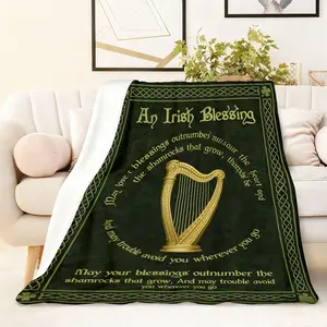 Irish Blessing Themed Flannel Blanket 270G Soft Cozy Warm Throw Blanket with Golden Harp Shamrock Pattern Celtic Knot Border Comfortable Bed Sofa Couch Decorative Blanket Perfect Gift for Home Decor L Decorative Giftable Blankets